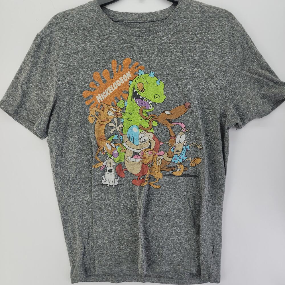 Nickelodeon 90s Cartoon Characters Graphic T-Shirt Gray Reptar Ren Stimpy CatDog